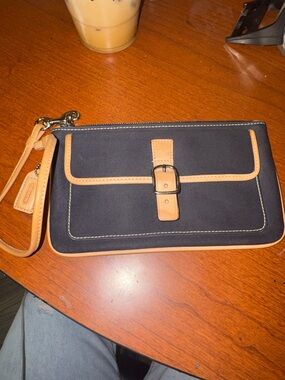 Coach Black Canvas & Tan Leather Wristlet Clutch